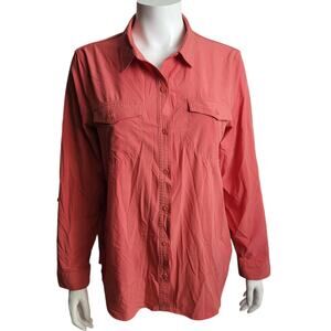 Eddie Bauer Womens Coral Pink Button Down Shirt L Classic Fit Lightweight Travel